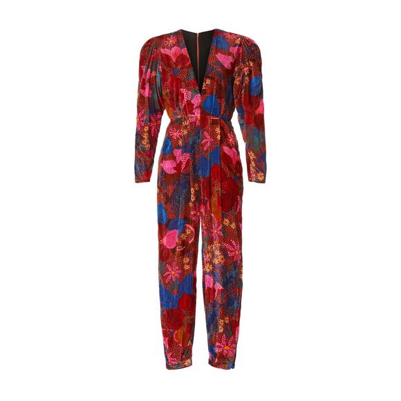 Farm Rio Snake Garden Red Velvet Floral Print V-Neck Long Sleeve Jumpsuit Sz XS - Picture 6 of 16